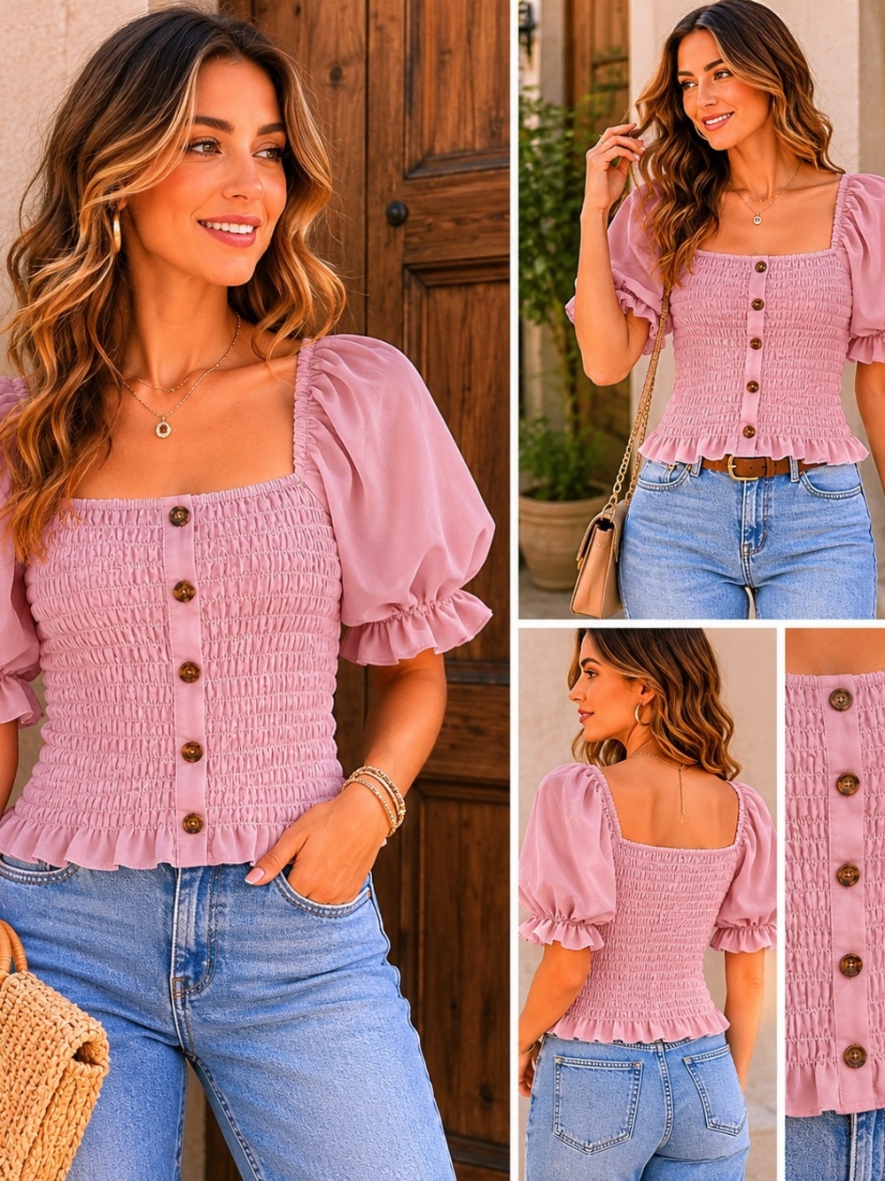 No Boundaries Dusty Pink Smocked Puff Sleeve Square Neck Top